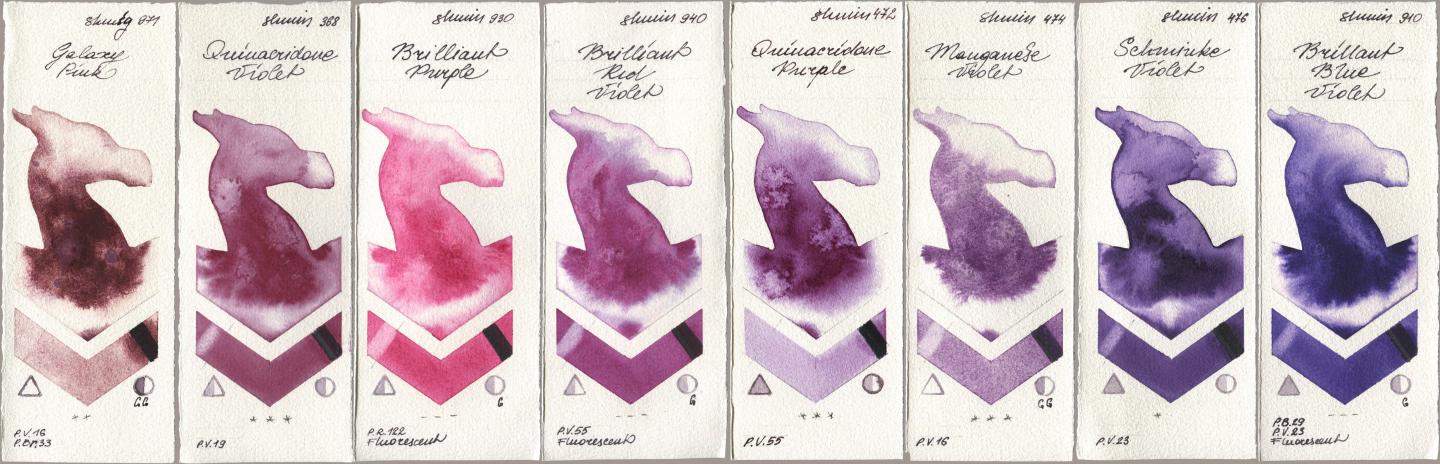 Shminke Horadam Aquarell 971 Galaxy Pink, 368 Quinacridone Violet, 930 Brilliant Purple, 940 Brilliant Red Violet, 472 Quinacridone Purple, 474 Manganese Violet, 476 Schmincke Violet, 910 Brilliant Blue Viol watercolor swatch