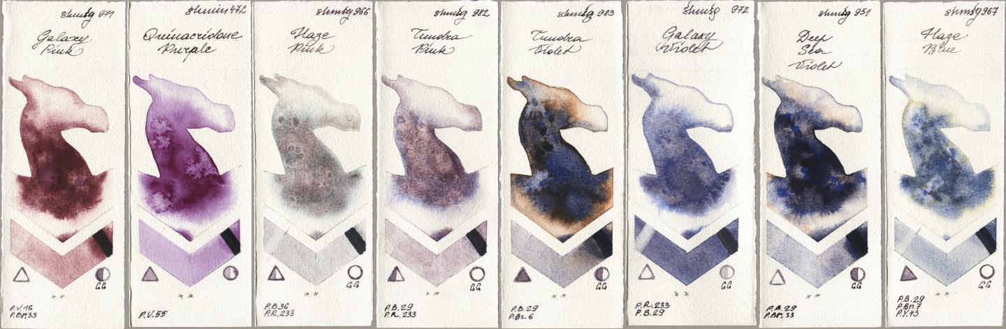 Shminke Horadam Aquarell 971 Galaxy Pink, 472 Quinacridone Purple, 966 Haze Pink, 982 Tundra Pink, 983 Tundra Violet, 972 Galaxy Violet, 951 Deep Sea Violet, 967 Haze Bl watercolor swatch