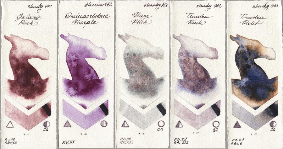Shminke Horadam Aquarell 971 Galaxy Pink vs 472 Quinacridone Purple vs 966 Haze Pink vs 982 Tundra Pink vs 983 Tundra Violet watercolor swatch