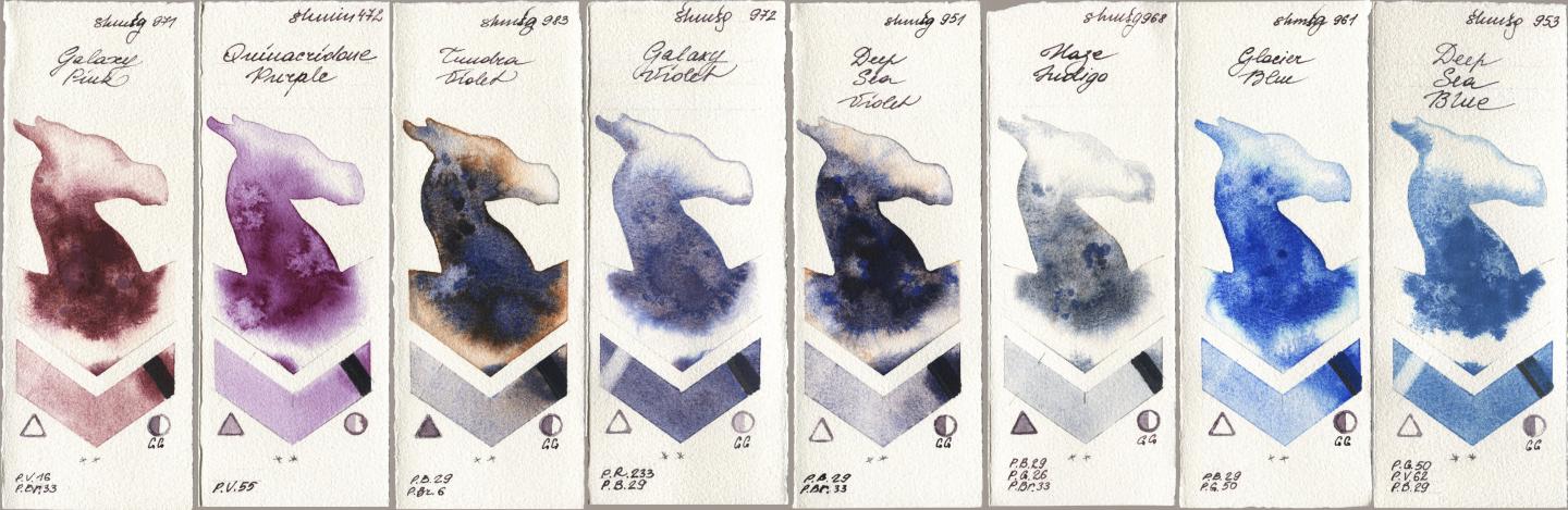 Shminke Horadam Aquarell 971 Galaxy Pink, 472 Quinacridone Purple, 983 Tundra Violet, 972 Galaxy Violet, 951 Deep Sea Violet, 968 Haze Indigo, 961 Glacier Blue, 953 Deep Sea Bl watercolor swatch