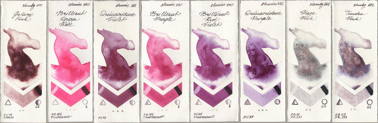 Shminke Horadam Aquarell 971 Galaxy Pink, 920 Brilliant Opera Rose, 368 Quinacridone Violet, 930 Brilliant Purple, 940 Brilliant Red Violet, 472 Quinacridone Purple, 966 Haze Pink, 982 Tundra Pi watercolor swatch