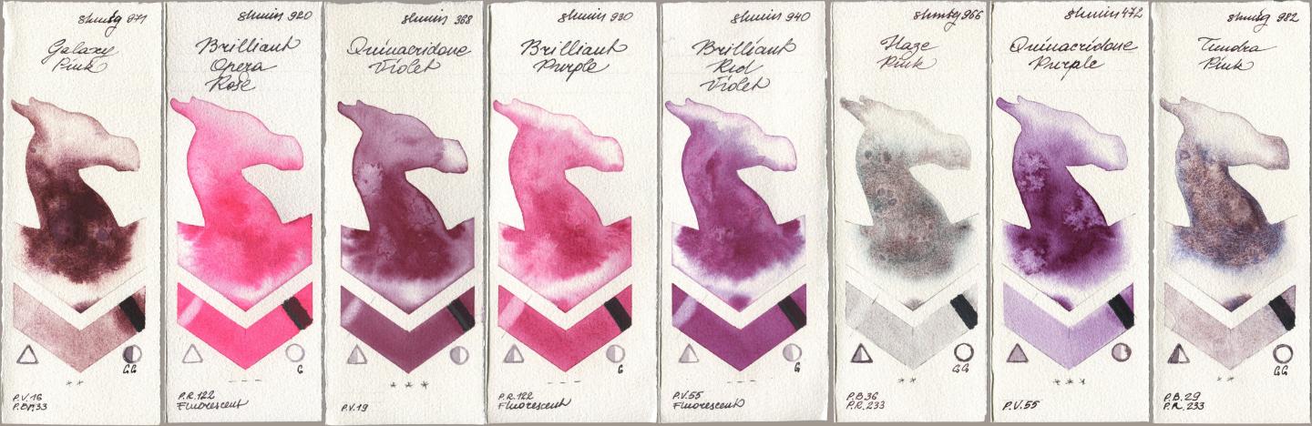 Shminke Horadam Aquarell 971 Galaxy Pink, 920 Brilliant Opera Rose, 368 Quinacridone Violet, 930 Brilliant Purple, 940 Brilliant Red Violet, 966 Haze Pink, 472 Quinacridone Purple, 982 Tundra Pi watercolor swatch