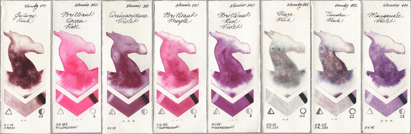Shminke Horadam Aquarell 971 Galaxy Pink, 920 Brilliant Opera Rose, 368 Quinacridone Violet, 930 Brilliant Purple, 940 Brilliant Red Violet, 966 Haze Pink, 982 Tundra Pink, 474 Manganese Viol watercolor swatch