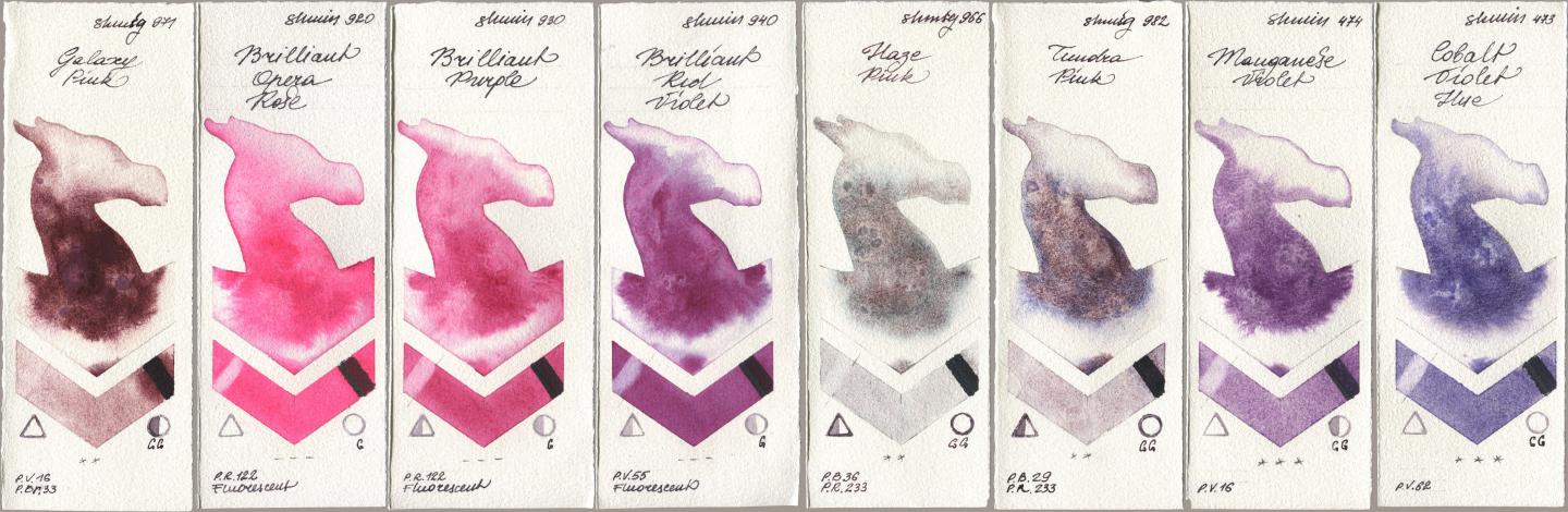 Shminke Horadam Aquarell 971 Galaxy Pink, 920 Brilliant Opera Rose, 930 Brilliant Purple, 940 Brilliant Red Violet, 966 Haze Pink, 982 Tundra Pink, 474 Manganese Violet, 473 Cobalt Violet H watercolor swatch