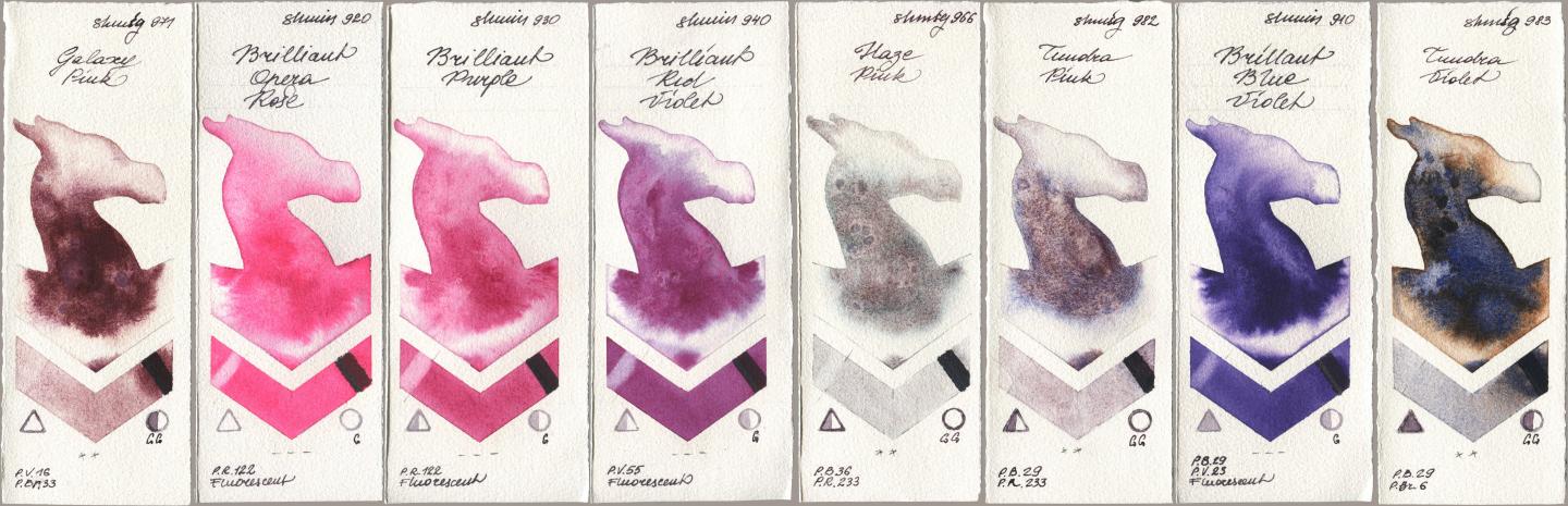 Shminke Horadam Aquarell 971 Galaxy Pink, 920 Brilliant Opera Rose, 930 Brilliant Purple, 940 Brilliant Red Violet, 966 Haze Pink, 982 Tundra Pink, 910 Brilliant Blue Violet, 983 Tundra Viol watercolor swatch