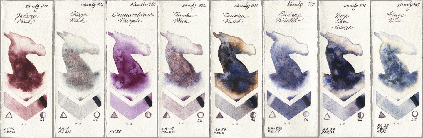 Shminke Horadam Aquarell 971 Galaxy Pink, 966 Haze Pink, 472 Quinacridone Purple, 982 Tundra Pink, 983 Tundra Violet, 972 Galaxy Violet, 951 Deep Sea Violet, 967 Haze Bl watercolor swatch