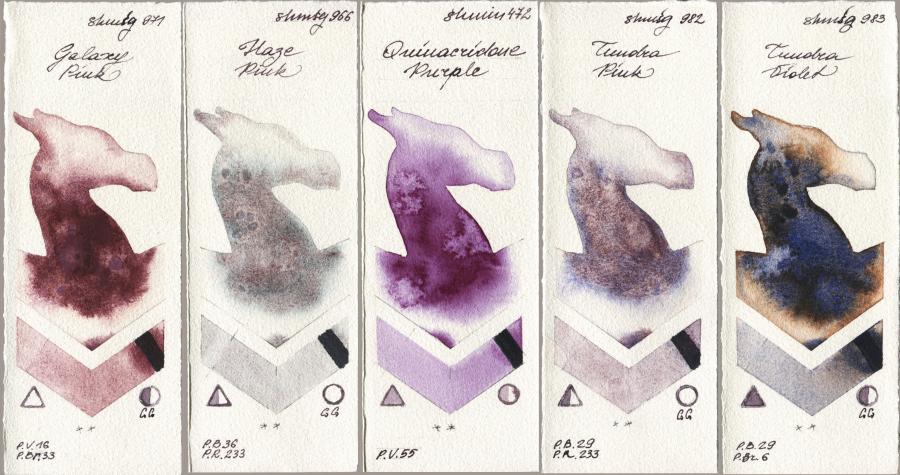 Shminke Horadam Aquarell 971 Galaxy Pink vs 966 Haze Pink vs 472 Quinacridone Purple vs 982 Tundra Pink vs 983 Tundra Violet watercolor swatch