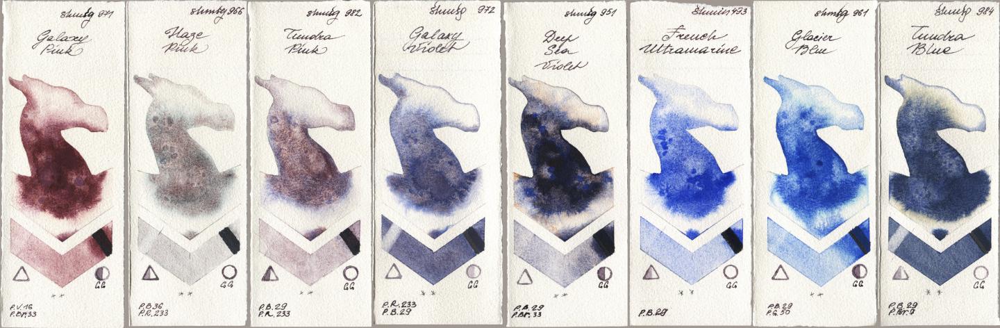 Shminke Horadam Aquarell 971 Galaxy Pink, 966 Haze Pink, 982 Tundra Pink, 972 Galaxy Violet, 951 Deep Sea Violet, 493 French Ultramarine, 961 Glacier Blue, 984 Tundra Bl watercolor swatch