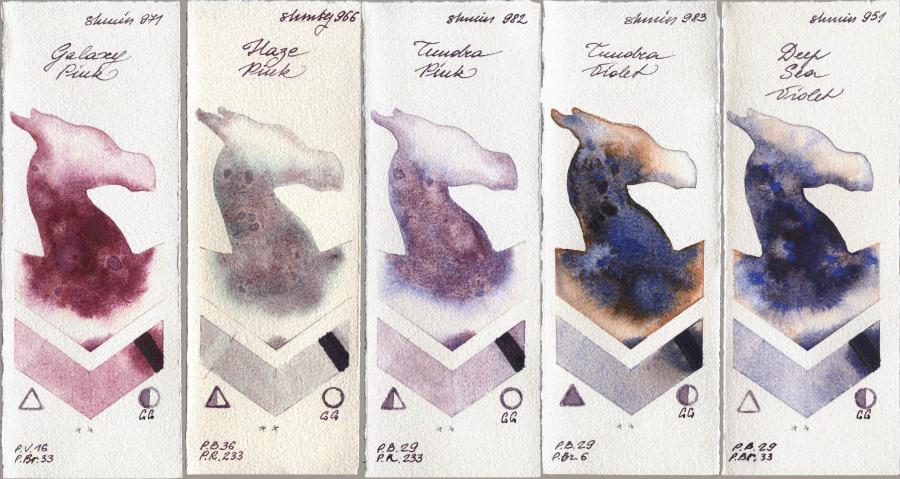 Shminke Horadam Aquarell 971 Galaxy Pink vs 966 Haze Pink vs 982 Tundra Pink vs 983 Tundra Violet vs 951 Deep Sea Violet watercolor swatch