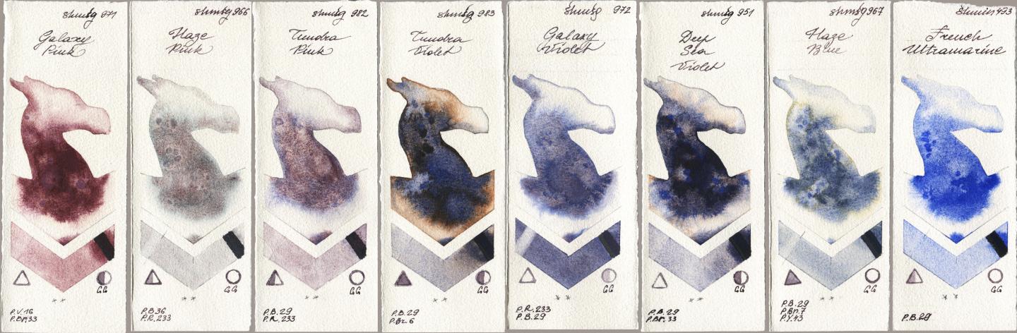 Shminke Horadam Aquarell 971 Galaxy Pink, 966 Haze Pink, 982 Tundra Pink, 983 Tundra Violet, 972 Galaxy Violet, 951 Deep Sea Violet, 967 Haze Blue, 493 French Ultramari watercolor swatch