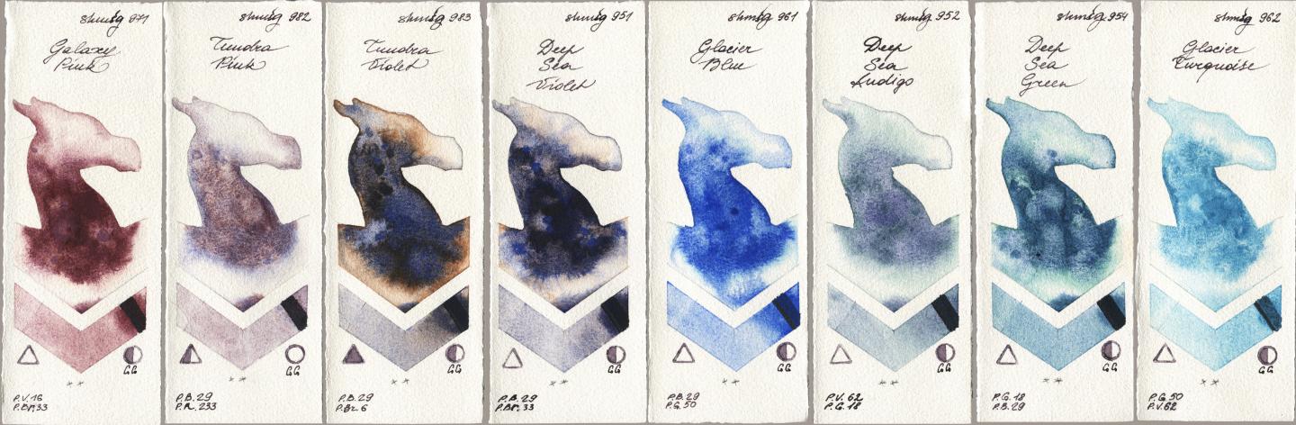 Shminke Horadam Aquarell 971 Galaxy Pink, 982 Tundra Pink, 983 Tundra Violet, 951 Deep Sea Violet, 961 Glacier Blue, 952 Deep Sea Indigo, 954 Deep Sea Green, 962 Glacier Turquoi watercolor swatch