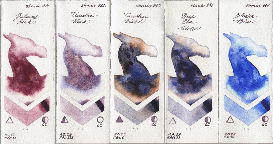 Shminke Horadam Aquarell 971 Galaxy Pink vs 982 Tundra Pink vs 983 Tundra Violet vs 951 Deep Sea Violet vs 961 Glacier Blue watercolor swatch