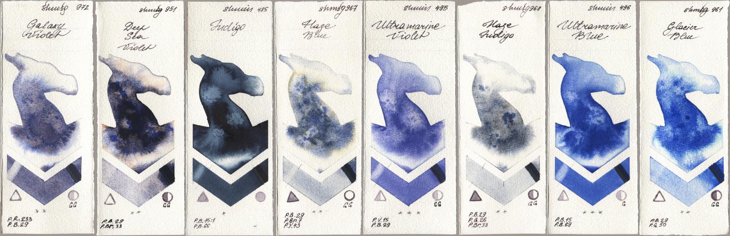 Shminke Horadam Aquarell 972 Galaxy Violet, 951 Deep Sea Violet, 485 Indigo, 967 Haze Blue, 495 Ultramarine Violet, 968 Haze Indigo, 496 Ultramarine Blue, 961 Glacier Bl watercolor swatch