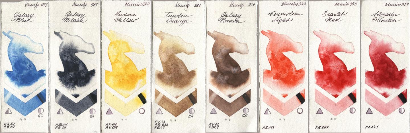Shminke Horadam Aquarell 973 Galaxy Blue, 975 Galaxy Black, 220 Indian Yellow, 981 Tundra Orange, 974 Galaxy Brown, 342 Vermilion Light, 363 Scarlet Red, 357 Alizarin Crims watercolor swatch