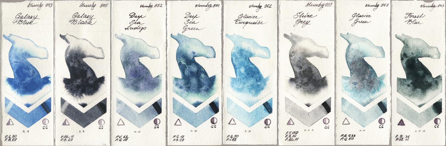 Shminke Horadam Aquarell 973 Galaxy Blue, 975 Galaxy Black, 952 Deep Sea Indigo, 954 Deep Sea Green, 962 Glacier Turquoise, 935 Shire Grey, 963 Glacier Green, 943 Forest Bl watercolor swatch