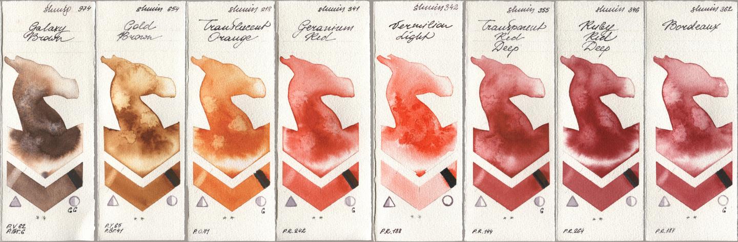 Shminke Horadam Aquarell 974 Galaxy Brown, 654 Gold Brown, 218 Translucent Orange / Transparent Orange, 341 Geranium Red, 342 Vermilion Light, 355 Transparent Red Deep, 346 Ruby Red Deep, 362 Bordea watercolor swatch