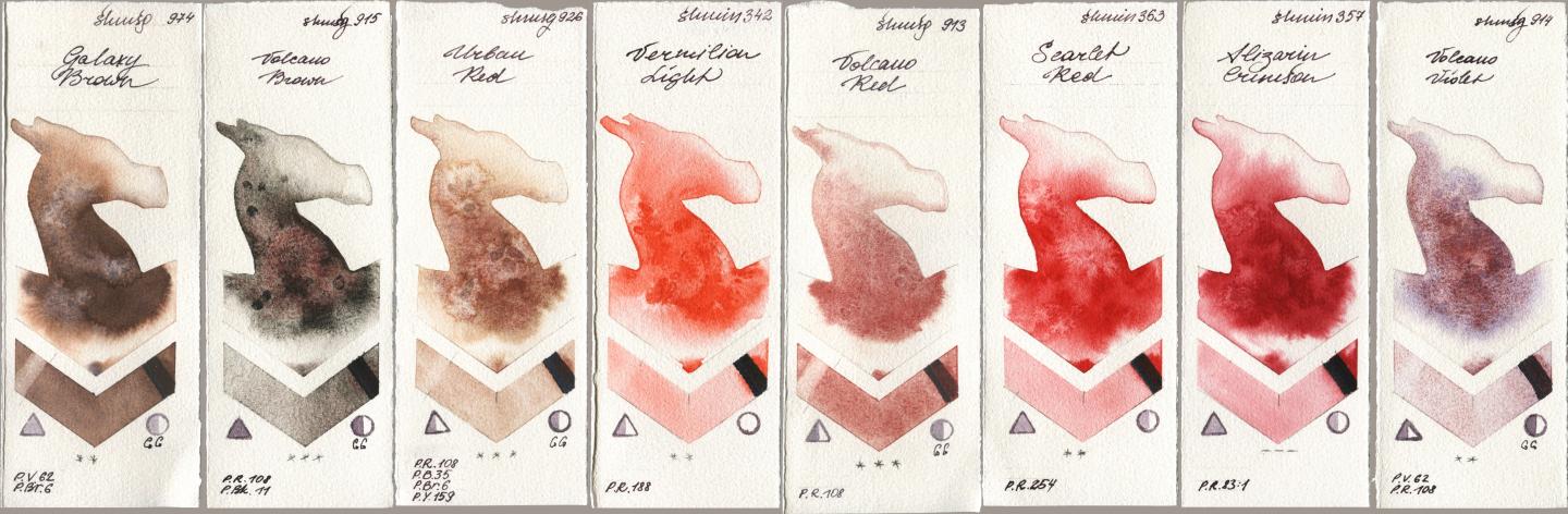 Shminke Horadam Aquarell 974 Galaxy Brown, 915 Volcano Brown, 926 Urban Red, 342 Vermilion Light, 913 Volcano Red, 363 Scarlet Red, 357 Alizarin Crimson, 914 Volcano Viol watercolor swatch