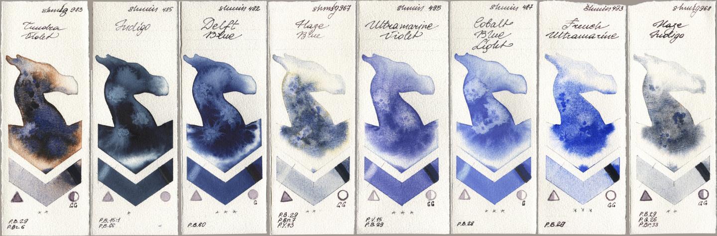 Shminke Horadam Aquarell 983 Tundra Violet, 485 Indigo, 482 Delft Blue, 967 Haze Blue, 495 Ultramarine Violet, 487 Cobalt Blue Light, 493 French Ultramarine, 968 Haze Indi watercolor swatch
