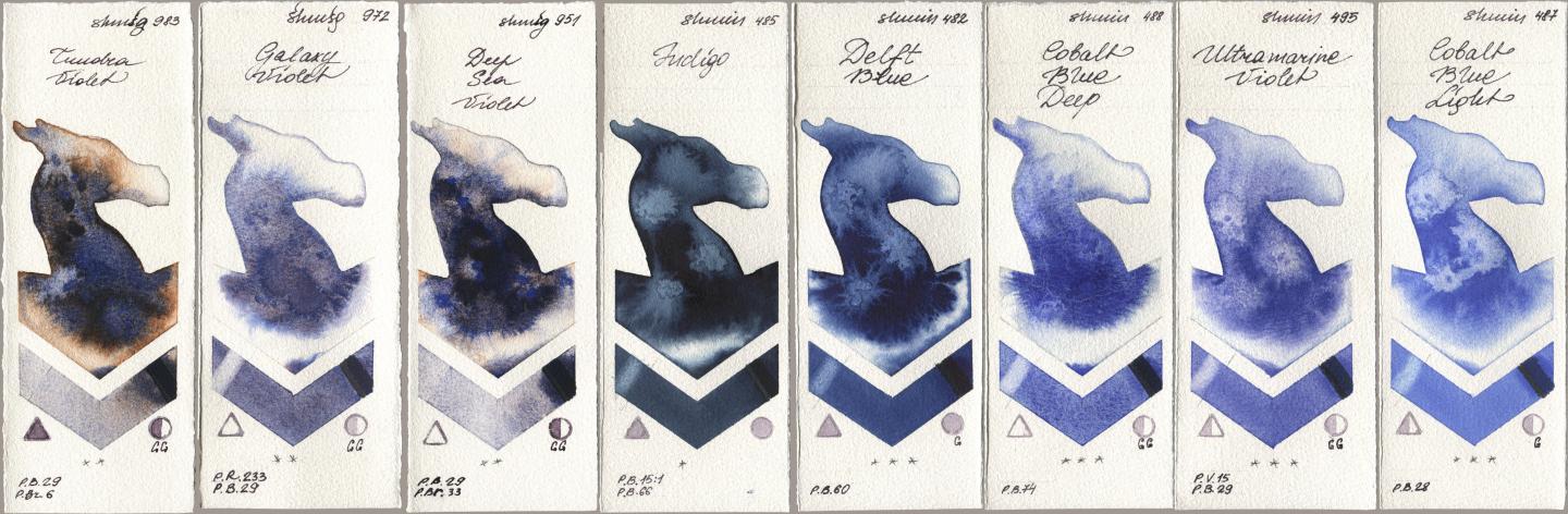 Shminke Horadam Aquarell 983 Tundra Violet, 972 Galaxy Violet, 951 Deep Sea Violet, 485 Indigo, 482 Delft Blue, 488 Cobalt Blue Deep, 495 Ultramarine Violet, 487 Cobalt Blue Lig watercolor swatch