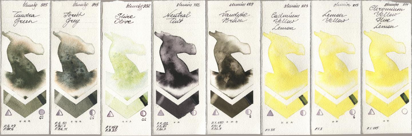 Shminke Horadam Aquarell 985 Tundra Green, 945 Forest Grey, 932 Shire Olive, 782 Neutral Tint, 669 Vandyke Brown, 223 Cadmium Yellow Lemon, 215 Lemon Yellow, 211 Chromium Yellow Hue Lem watercolor swatch