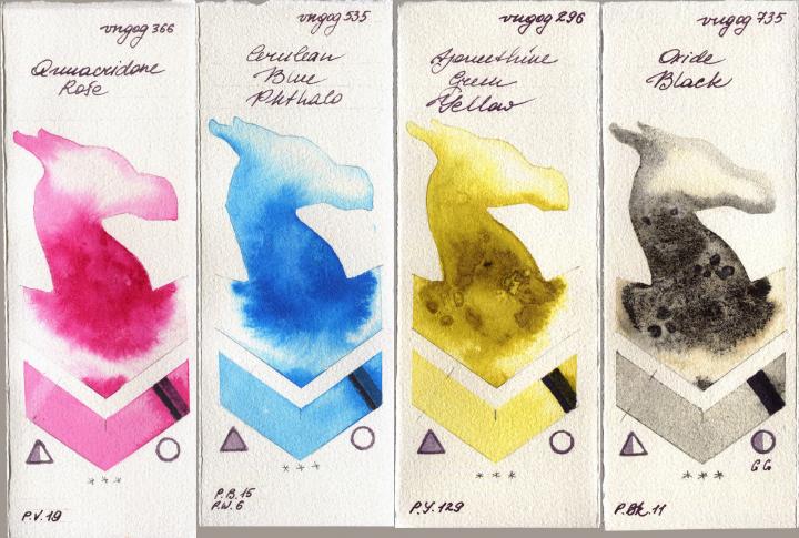 Royal Talens Van Gogh Watercolour 366 Quinacridone Rose vs 535 Cerulean Blue Phthalo vs 296 Azomethine Green Yellow vs 735 Oxide Black watercolor swatch