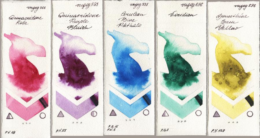 Royal Talens Van Gogh Watercolour 366 Quinacridone Rose vs 593 Quinacridone Purple Bluish vs 535 Cerulean Blue Phthalo vs 616 Viridian vs 296 Azomethine Green Yellow watercolor swatch
