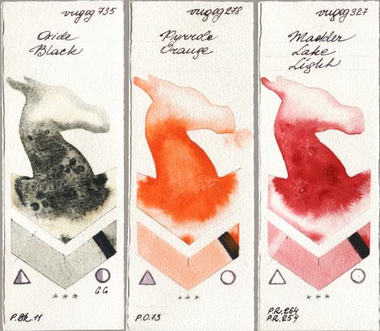 Royal Talens Van Gogh Watercolour 735 Oxide Black vs 278 Pyrrole Orange vs 327 Madder Lake Light watercolor swatch