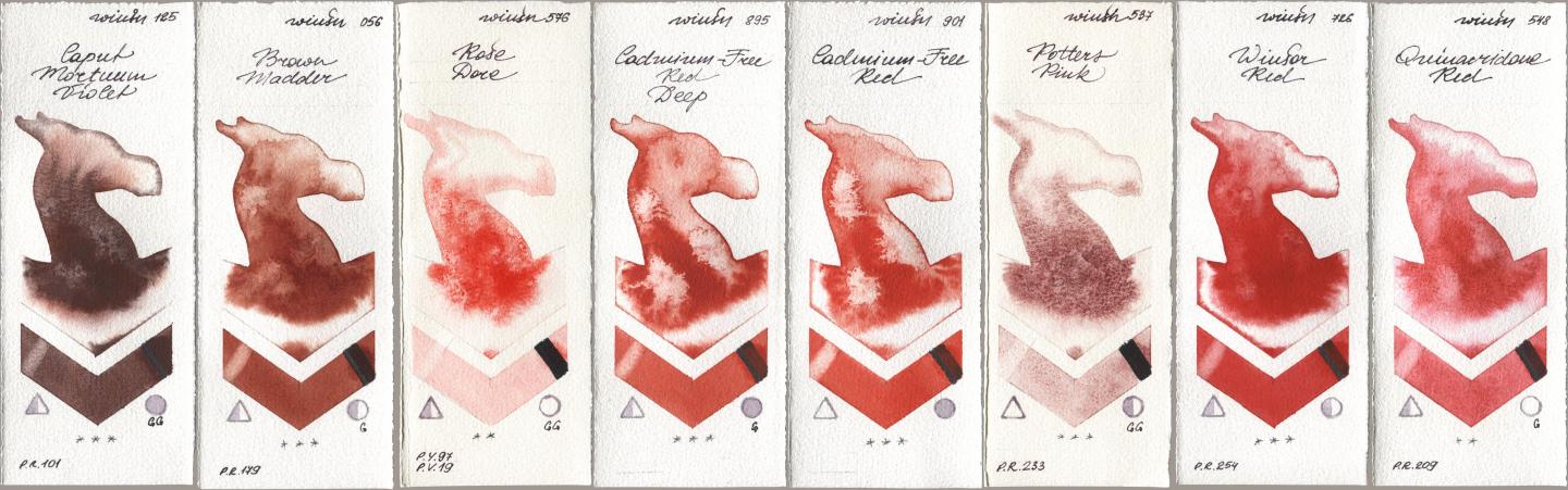 Winsor & Newton Professional 125 Caput Mortuum Violet, 056 Brown Madder, 576 Rose Dore, 895 Cadmium-Free Red Deep, 901 Cadmium-Free Red, 537 Potters Pink, 726 Winsor Red, 548 Quinacridone R watercolor swatch