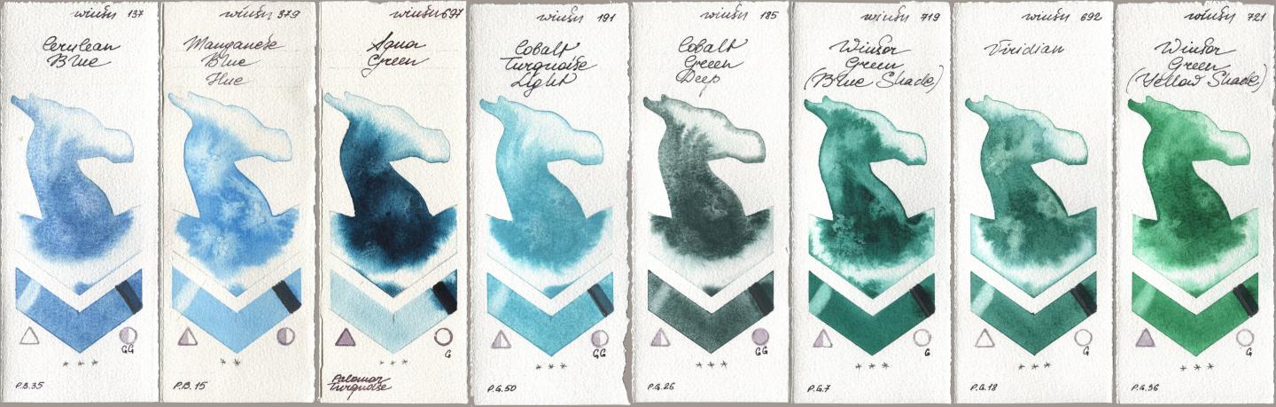 Winsor & Newton Professional 137 Cerulean Blue, 379 Manganese Blue Hue, 697 Aqua Green, 191 Cobalt Turquoise Light, 185 Cobalt Green Deep, 719 Winsor Green (Blue Shade), 692 Viridian, 721 Winsor Green (Yellow shad watercolor swatch