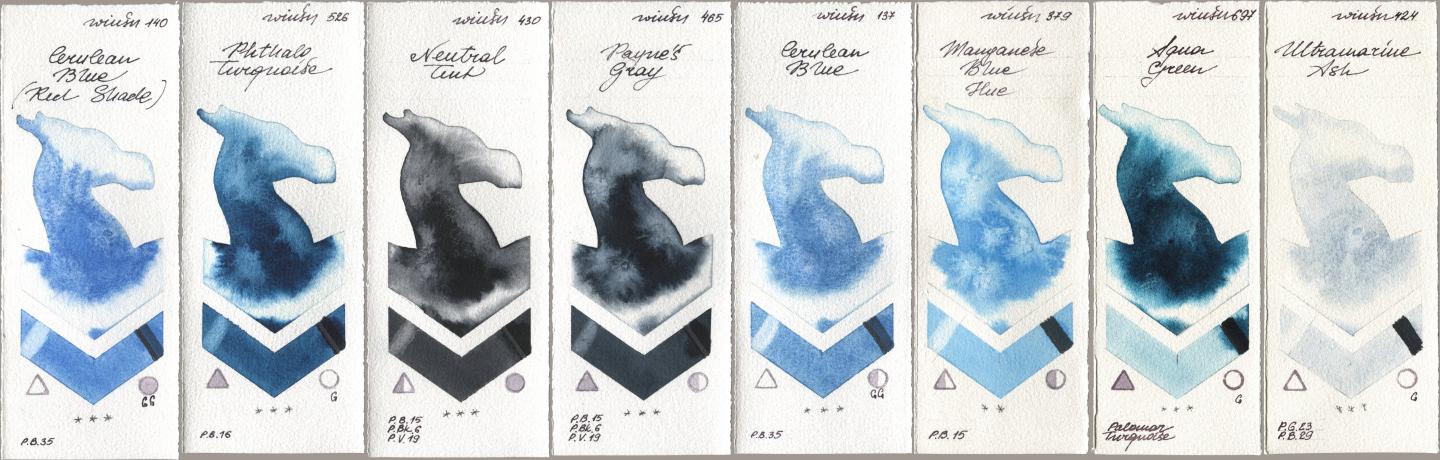 Winsor & Newton Professional 140 Cerulean Blue (Red Shade), 526 Phthalo Turquoise, 430 Neutral Tint, 465 Paynes Gray, 137 Cerulean Blue, 379 Manganese Blue Hue, 697 Aqua Green, 424 Ultramarine A watercolor swatch