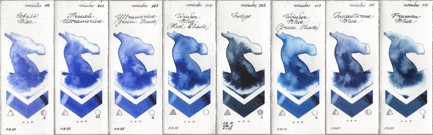 Winsor & Newton Professional 178 Cobalt Blue, 263 French Ultramarine, 667 Ultramarine (Green Shade), 709 Winsor Blue (Red Shade), 322 Indigo, 707 Winsor Blue (Green Shade), 321 Indanthrene Blue, 538 Prussian Bl watercolor swatch