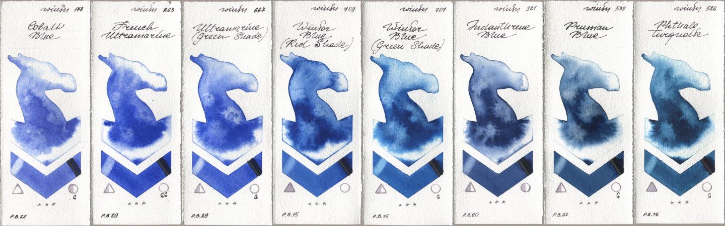 Winsor & Newton Professional 178 Cobalt Blue, 263 French Ultramarine, 667 Ultramarine (Green Shade), 709 Winsor Blue (Red Shade), 707 Winsor Blue (Green Shade), 321 Indanthrene Blue, 538 Prussian Blue, 526 Phthalo Turquoi watercolor swatch