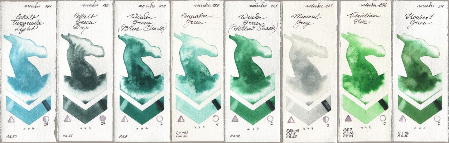 Winsor & Newton Professional 191 Cobalt Turquoise Light, 185 Cobalt Green Deep, 719 Winsor Green (Blue Shade), 420 Cinnabar Green, 721 Winsor Green (Yellow shade), 427 Mineral Grey, 696 Viridian Hue, 311 Hookers Gre watercolor swatch