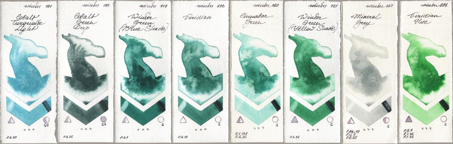 Winsor & Newton Professional 191 Cobalt Turquoise Light, 185 Cobalt Green Deep, 719 Winsor Green (Blue Shade), 692 Viridian, 420 Cinnabar Green, 721 Winsor Green (Yellow shade), 427 Mineral Grey, 696 Viridian H watercolor swatch