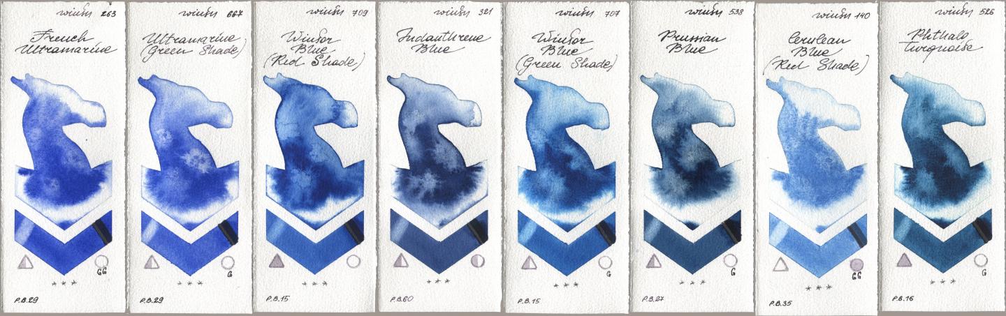 Winsor & Newton Professional 263 French Ultramarine, 667 Ultramarine (Green Shade), 709 Winsor Blue (Red Shade), 321 Indanthrene Blue, 707 Winsor Blue (Green Shade), 538 Prussian Blue, 140 Cerulean Blue (Red Shade), 526 Phthalo Turquoi watercolor swatch