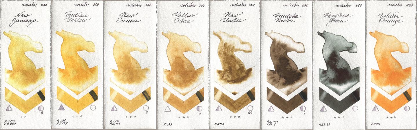 Winsor & Newton Professional 267 New Gamboge, 319 Indian Yellow, 552 Raw Sienna, 744 Yellow Ochre, 554 Raw Umber, 676 Vandyke Brown, 460 Perylene Green, 724 Winsor Oran watercolor swatch