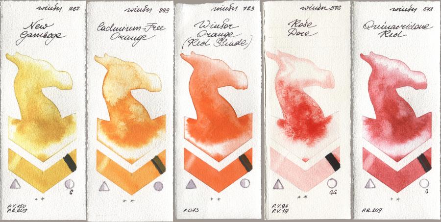 Winsor & Newton Professional 267 New Gamboge, 899 Cadmium-Free Orange, 723 Winsor Orange (Red Shade), 576 Rose Dore, 548 Quinacridone R watercolor swatch