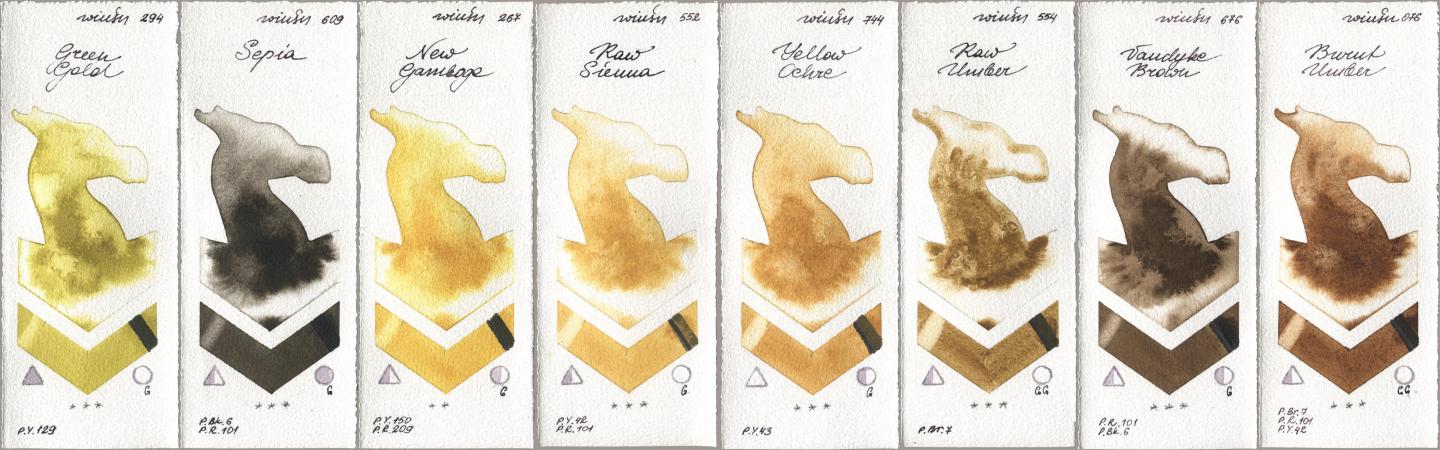 Winsor & Newton Professional 294 Green Gold, 609 Sepia, 267 New Gamboge, 552 Raw Sienna, 744 Yellow Ochre, 554 Raw Umber, 676 Vandyke Brown, 076 Burnt Umb watercolor swatch