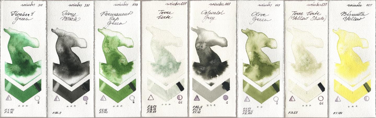 Winsor & Newton Professional 311 Hookers Green, 331 Ivory Black, 503 Permanent Sap Green, 637 Terre Verte, 428 Ostwald Grey, 447 Olive Green, 638 Terre Verte (Yellow Shade), 025 Bismuth Yell watercolor swatch