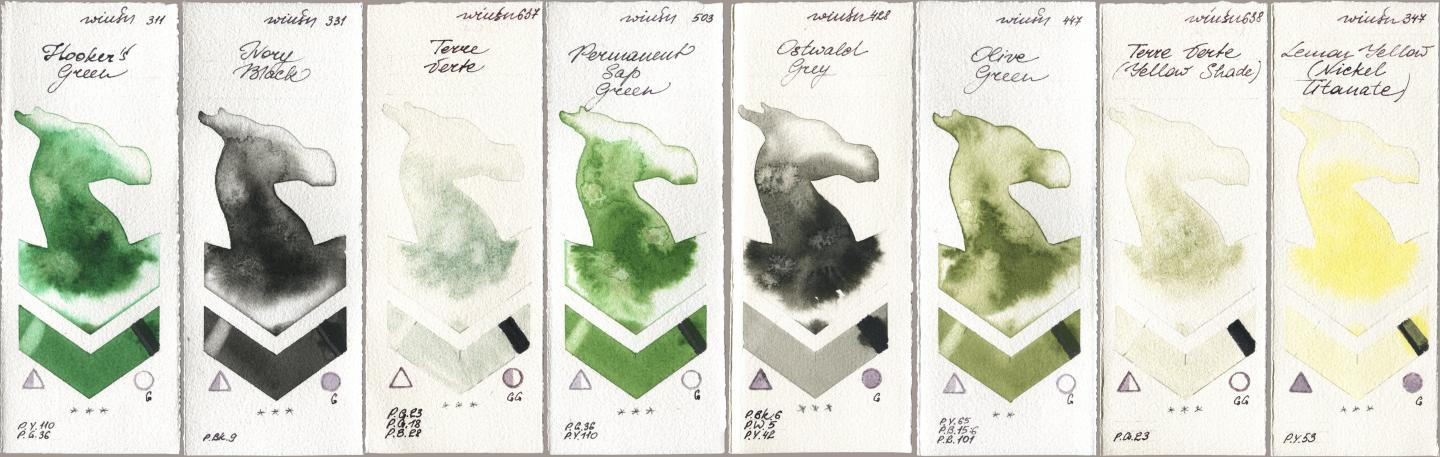 Winsor & Newton Professional 311 Hookers Green, 331 Ivory Black, 637 Terre Verte, 503 Permanent Sap Green, 428 Ostwald Grey, 447 Olive Green, 638 Terre Verte (Yellow Shade), 347 Lemon Yellow (Nickel Titanat watercolor swatch