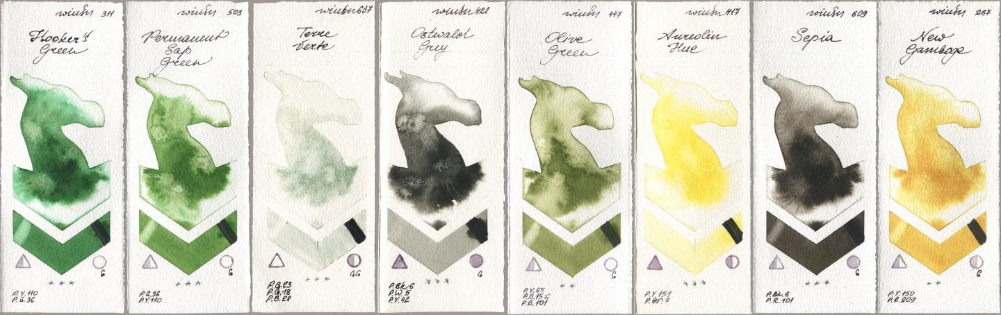 Winsor & Newton Professional 311 Hookers Green, 503 Permanent Sap Green, 637 Terre Verte, 428 Ostwald Grey, 447 Olive Green, 417 Aureolin Hue, 609 Sepia, 267 New Gambo watercolor swatch