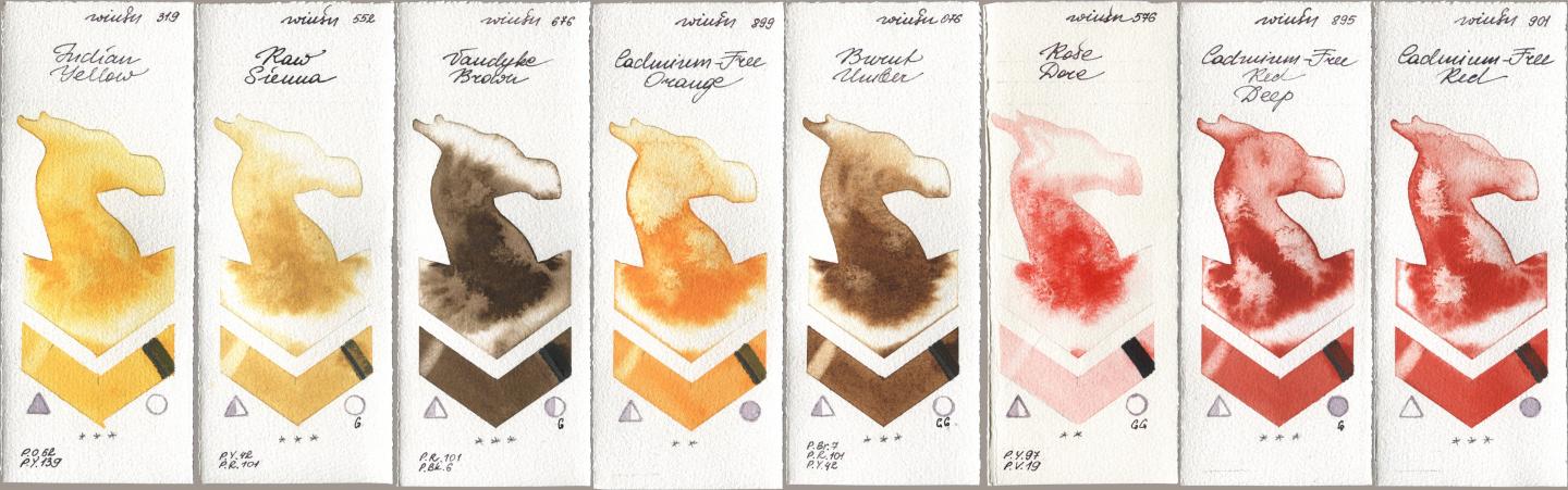 Winsor & Newton Professional 319 Indian Yellow, 552 Raw Sienna, 676 Vandyke Brown, 899 Cadmium-Free Orange, 076 Burnt Umber, 576 Rose Dore, 895 Cadmium-Free Red Deep, 901 Cadmium-Free R watercolor swatch