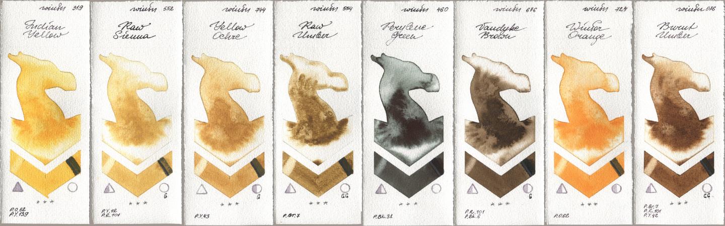 Winsor & Newton Professional 319 Indian Yellow, 552 Raw Sienna, 744 Yellow Ochre, 554 Raw Umber, 460 Perylene Green, 676 Vandyke Brown, 724 Winsor Orange, 076 Burnt Umb watercolor swatch
