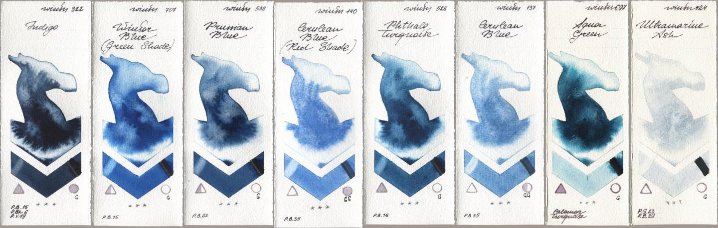 Winsor & Newton Professional 322 Indigo, 707 Winsor Blue (Green Shade), 538 Prussian Blue, 140 Cerulean Blue (Red Shade), 526 Phthalo Turquoise, 137 Cerulean Blue, 697 Aqua Green, 424 Ultramarine A watercolor swatch