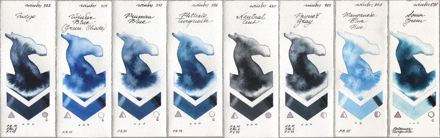 Winsor & Newton Professional 322 Indigo, 707 Winsor Blue (Green Shade), 538 Prussian Blue, 526 Phthalo Turquoise, 430 Neutral Tint, 465 Paynes Gray, 379 Manganese Blue Hue, 697 Aqua Gre watercolor swatch