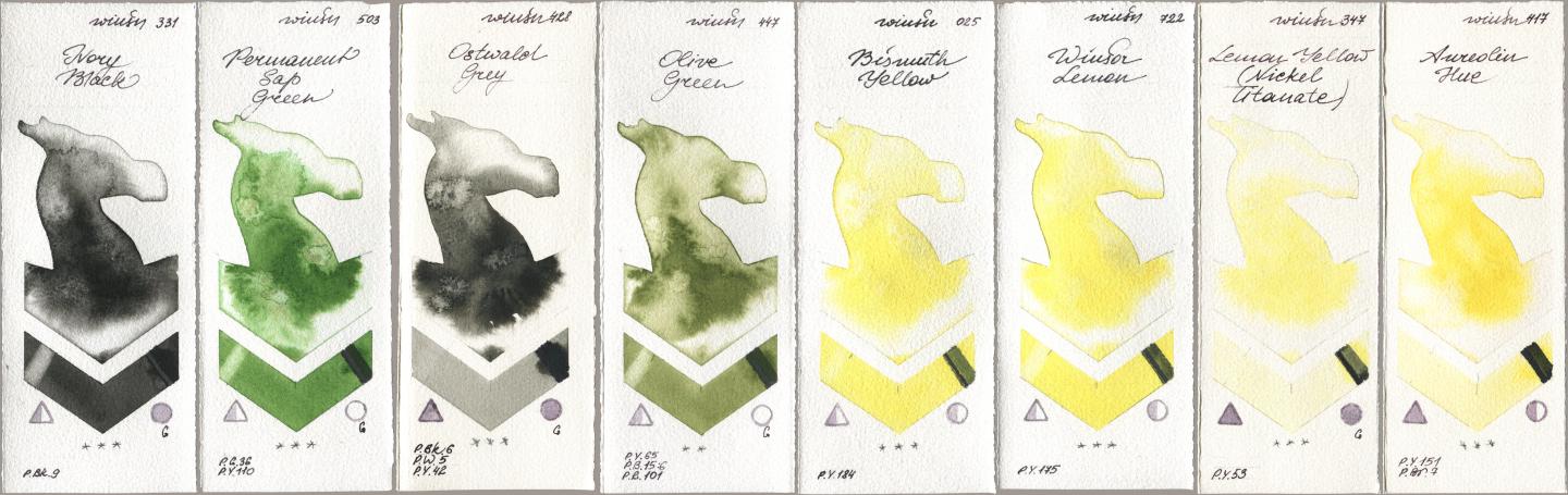 Winsor & Newton Professional 331 Ivory Black, 503 Permanent Sap Green, 428 Ostwald Grey, 447 Olive Green, 025 Bismuth Yellow, 722 Winsor Lemon, 347 Lemon Yellow (Nickel Titanate), 417 Aureolin H watercolor swatch