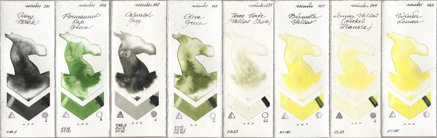 Winsor & Newton Professional 331 Ivory Black, 503 Permanent Sap Green, 428 Ostwald Grey, 447 Olive Green, 638 Terre Verte (Yellow Shade), 025 Bismuth Yellow, 347 Lemon Yellow (Nickel Titanate), 722 Winsor Lem watercolor swatch