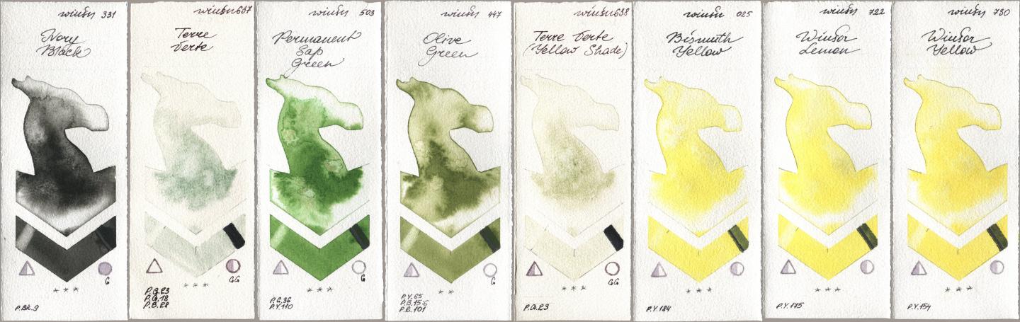 Winsor & Newton Professional 331 Ivory Black, 637 Terre Verte, 503 Permanent Sap Green, 447 Olive Green, 638 Terre Verte (Yellow Shade), 025 Bismuth Yellow, 722 Winsor Lemon, 730 Winsor Yell watercolor swatch