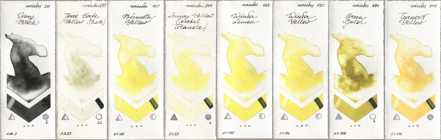 Winsor & Newton Professional 331 Ivory Black, 638 Terre Verte (Yellow Shade), 025 Bismuth Yellow, 347 Lemon Yellow (Nickel Titanate), 722 Winsor Lemon, 730 Winsor Yellow, 294 Green Gold, 649 Turners Yell watercolor swatch