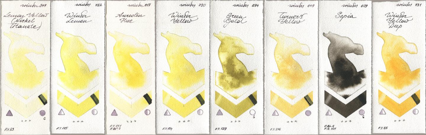Winsor & Newton Professional 347 Lemon Yellow (Nickel Titanate), 722 Winsor Lemon, 417 Aureolin Hue, 730 Winsor Yellow, 294 Green Gold, 649 Turners Yellow, 609 Sepia, 731 Winsor Yellow De watercolor swatch